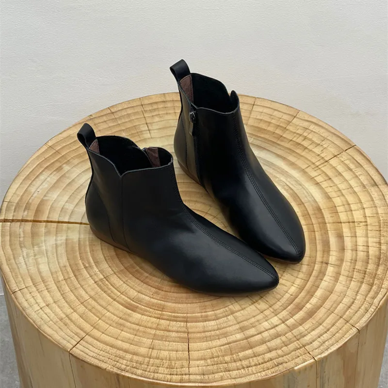 2025 جديد جلد طبيعي حذاء من الجلد النساء ريترو أحذية كعب منخفض أشار تو سستة السيدات عادية أحذية بوت قصيرة مكتب أحذية النساء #1