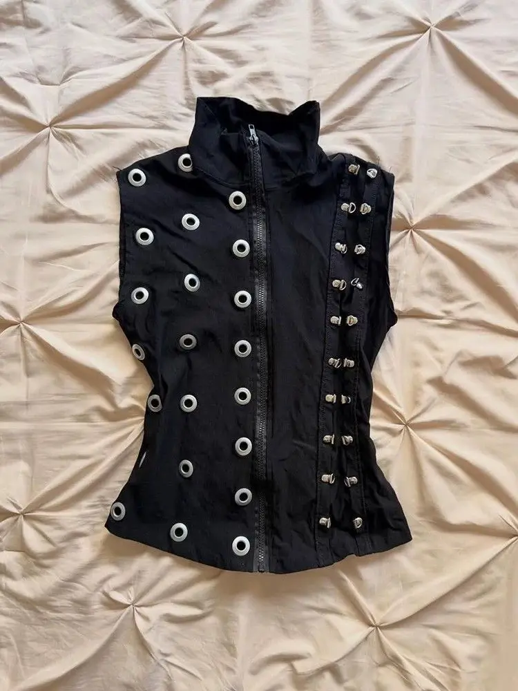 Y2k Vintage Sleeveless Black Vest Metal Ring Patchwork Women Streetwear Bodycon American Retro Tank Top Zipper Spring Summer