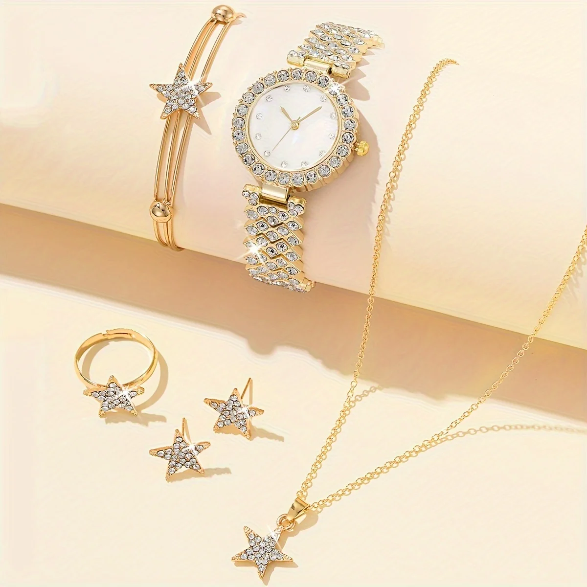 Women\'s Watch Luxury Rhinestone Quartz Watch Fashion Analog Wrist Watch & 5pcs Star Jewelry Set, Gift For Mom Her