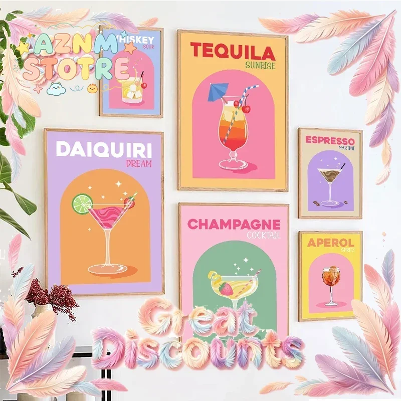 Colorful Cocktail Drink Tequila Sunrise Champagne Poster Prints Canvas Painting Picture Kitchen Home Living Room Decoration