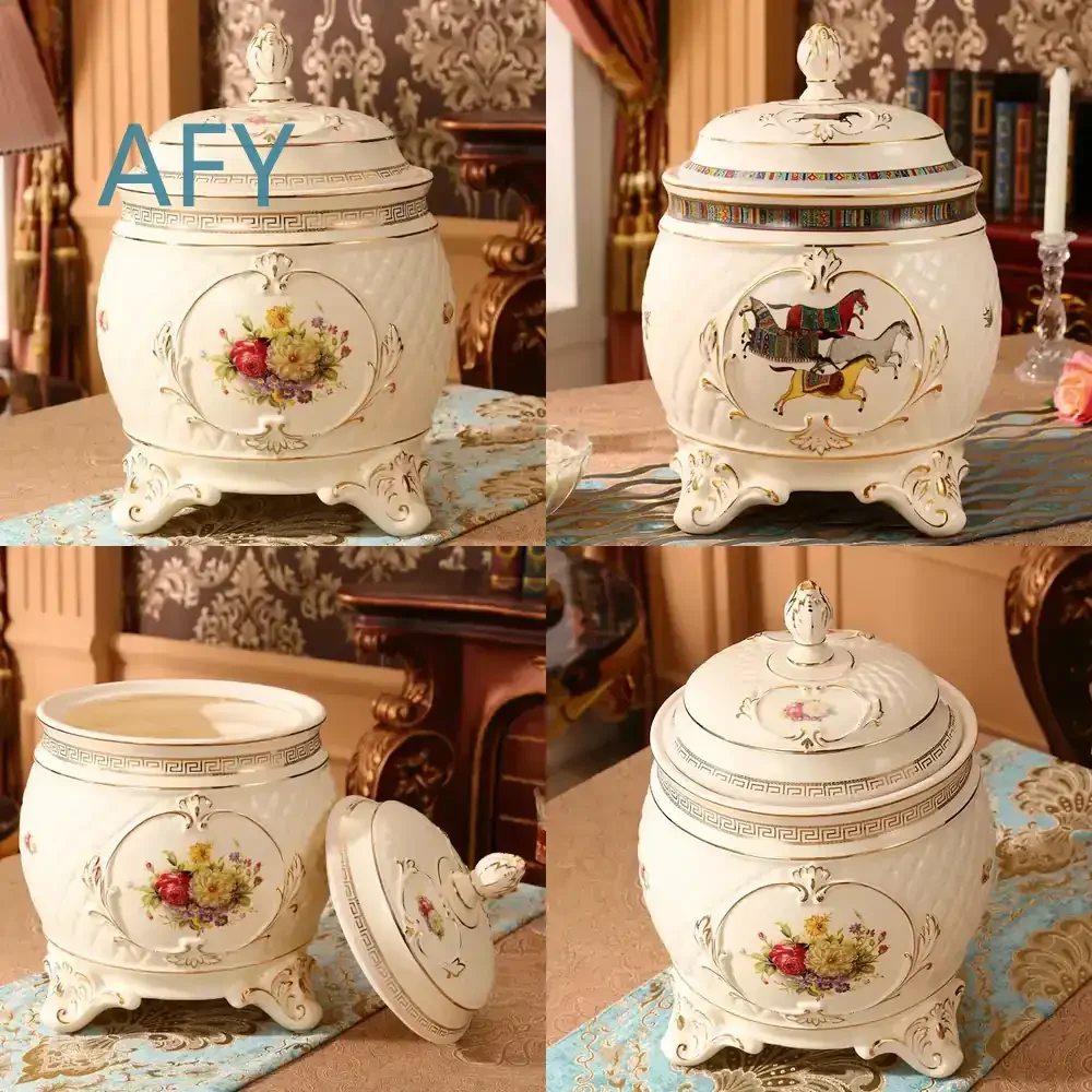 European Ceramic Rice Storage Container 10kg for Household Kitchen with Airtight Lid for Rice Noodles Grain Storage Tank for