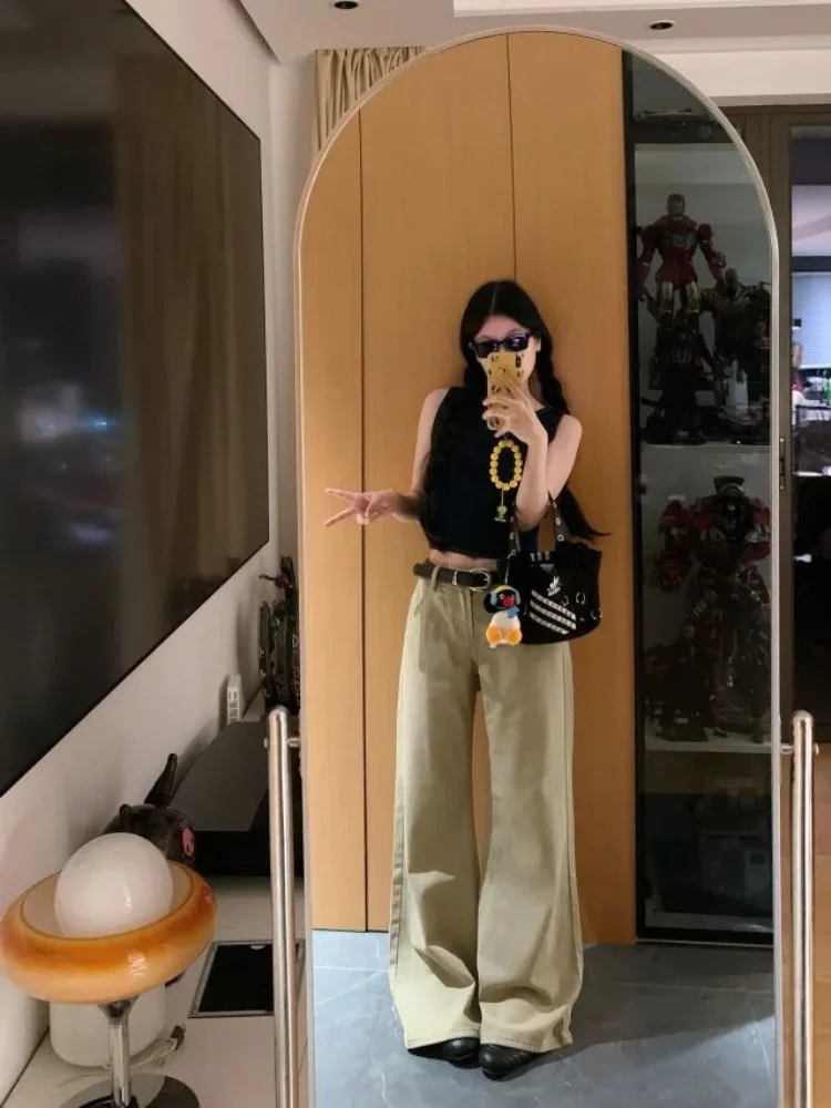 Jeans denim kaki oversize a vita bassa da donna larghi lunghi fino al pavimento comodi pantaloni a gamba larga stagione autunnale abbigliamento casual