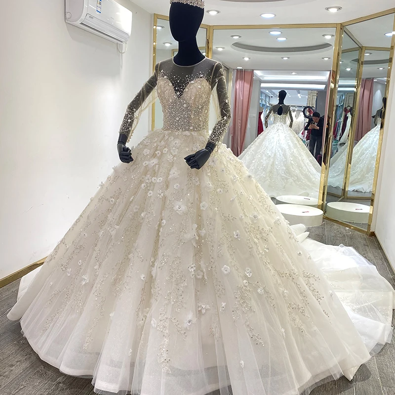 WM008 Ball Gown Long Sleeve Bridal Gown Luxury Dress Flower Crystal Bright Bride Dress Beading Best Wedding Dresses 2022 elbise