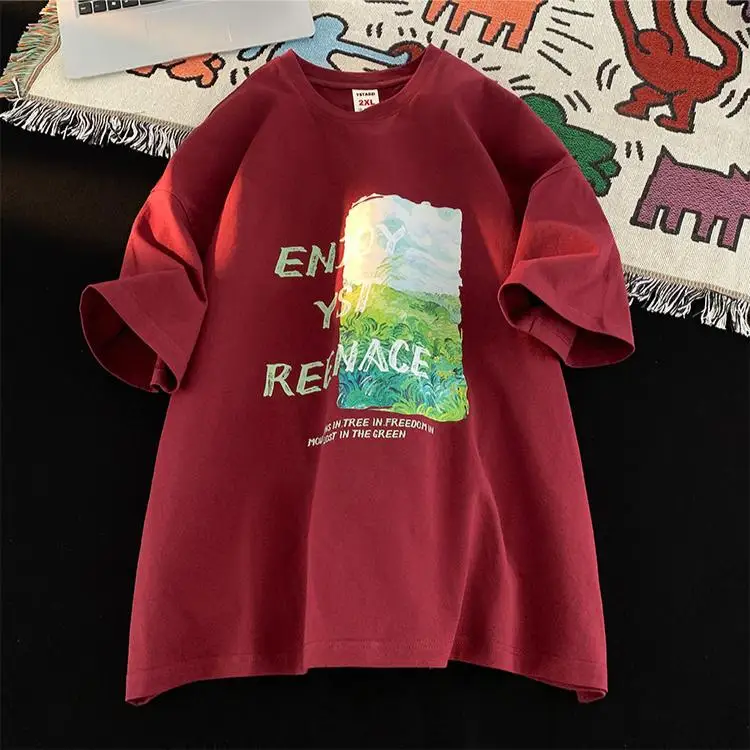 2025 Summer Letter Print T Shirt for Women 220G Pure Cotton Tees Harajuku Oversized T-shirts Y2k Tops UNISEX Hip Hop Streetwear