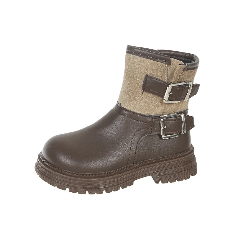 Girls Spliced Biker Ankle Boots, PU Faux‑Suede Mix Decor Buckle Plush‑Lined Inner Zipper Thick Sole Winter Boots
