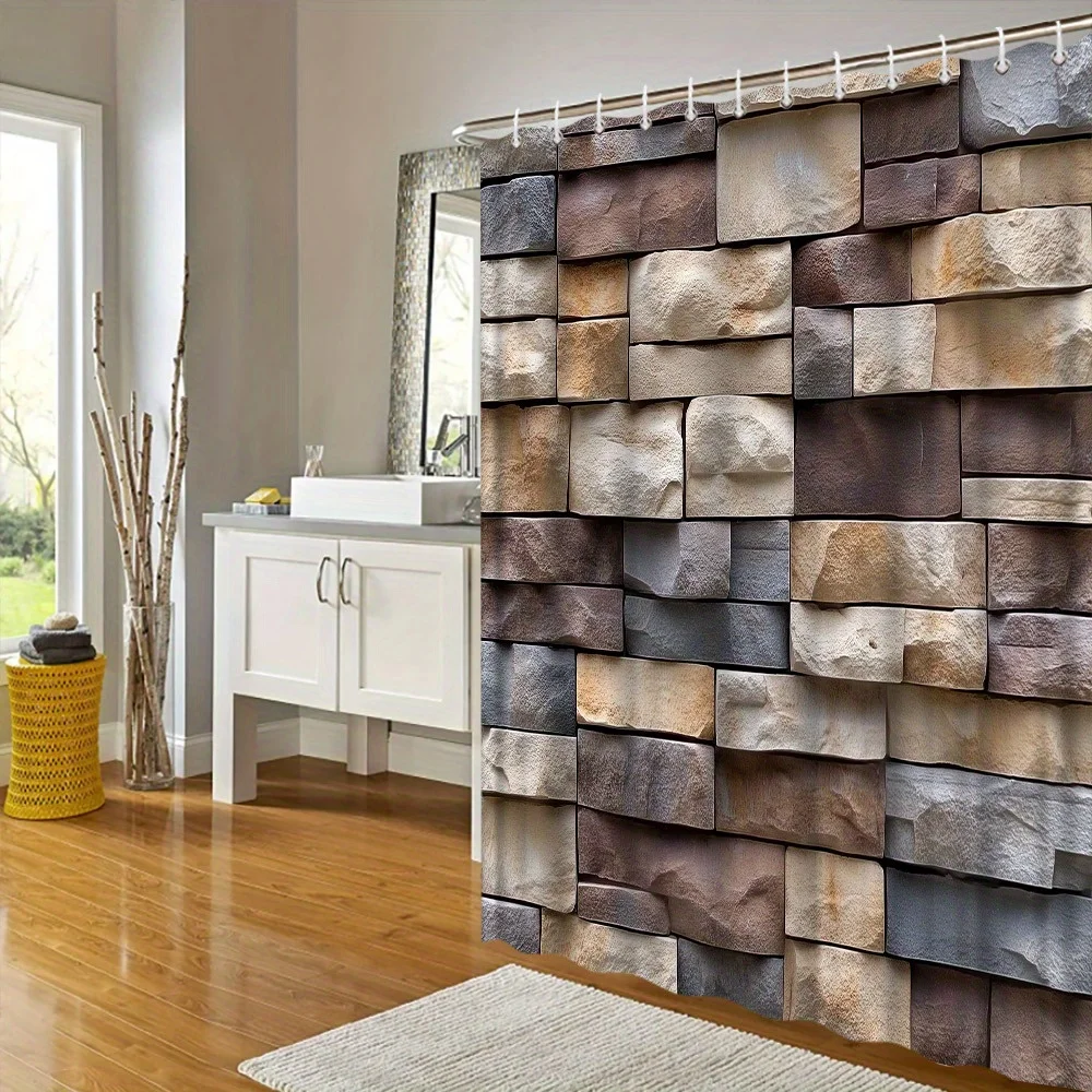 Rustic Stone Wall Shower Curtain - Waterproof, Mildew-Resistant with 3D Brick Design for a Modern and Textured Bathroom Decor