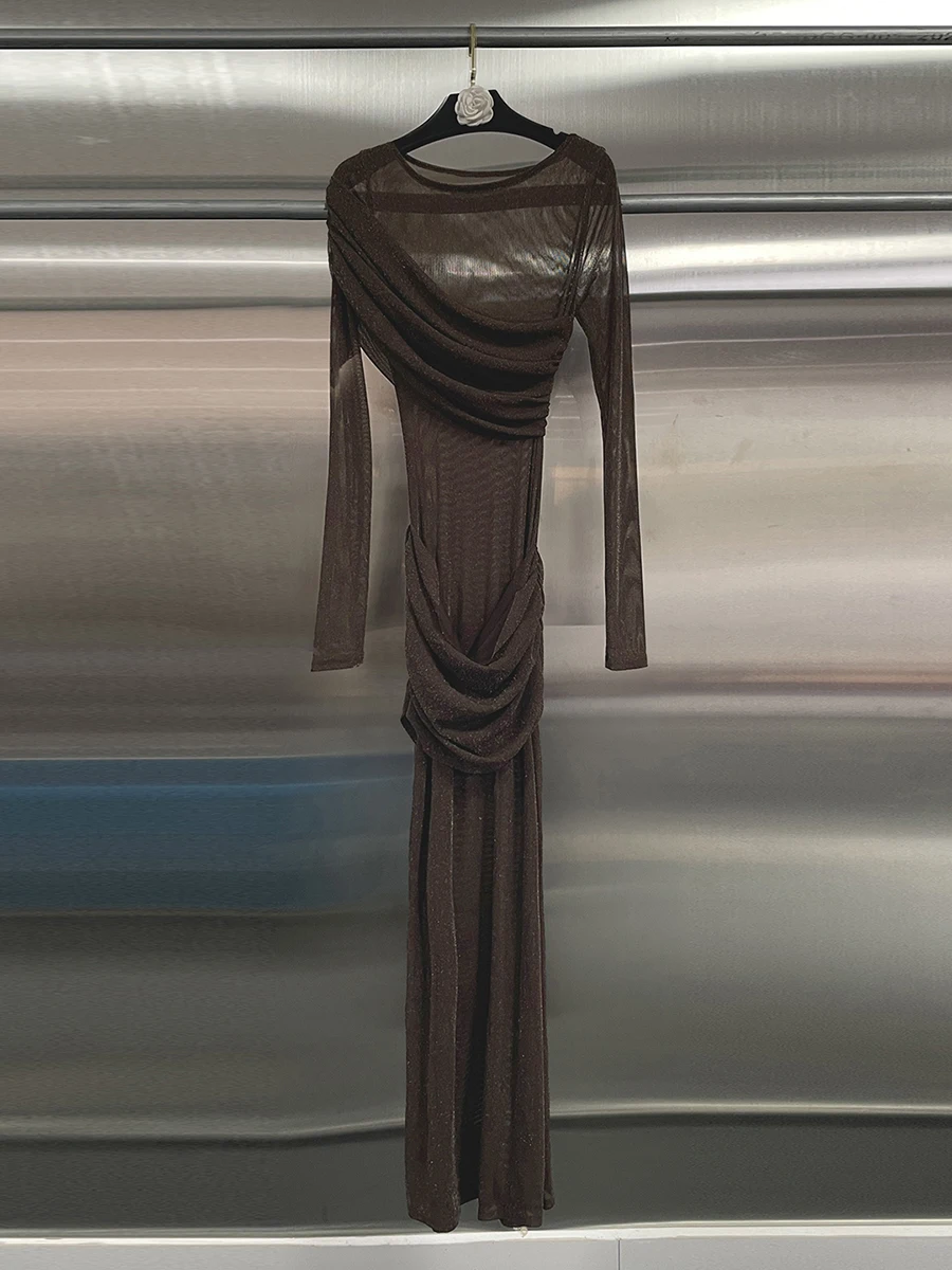 CHICEVER 커피 스플라이스드 폴드 파티 드레스 여성용 O넥 긴 소매 슬림 빈티지 문학적 여성 드레스 패션 스타일 신상품