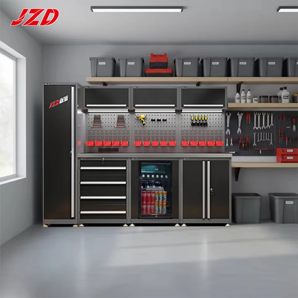 JZD Modular Garage Storage Cabinet System with  Fridge Tool Chest Heavy-Duty Workshop Workbench with Tool Storage