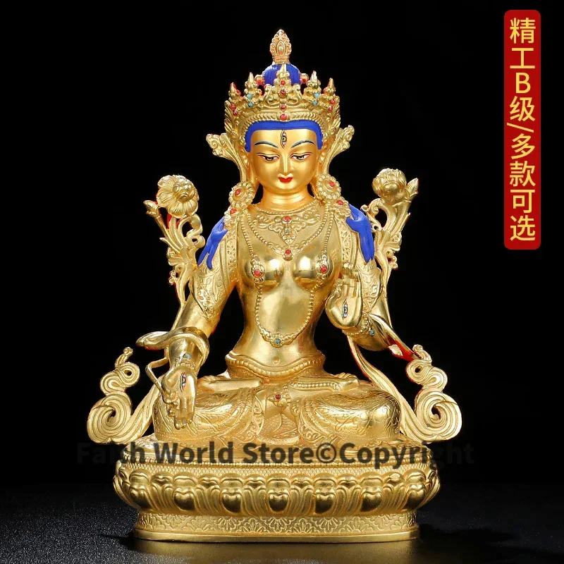 Tibet Nepal High grade good golden COPPER Buddha statue Guan yin GREEN WHITE Tara goddess Amitayus Buddha safety statue
