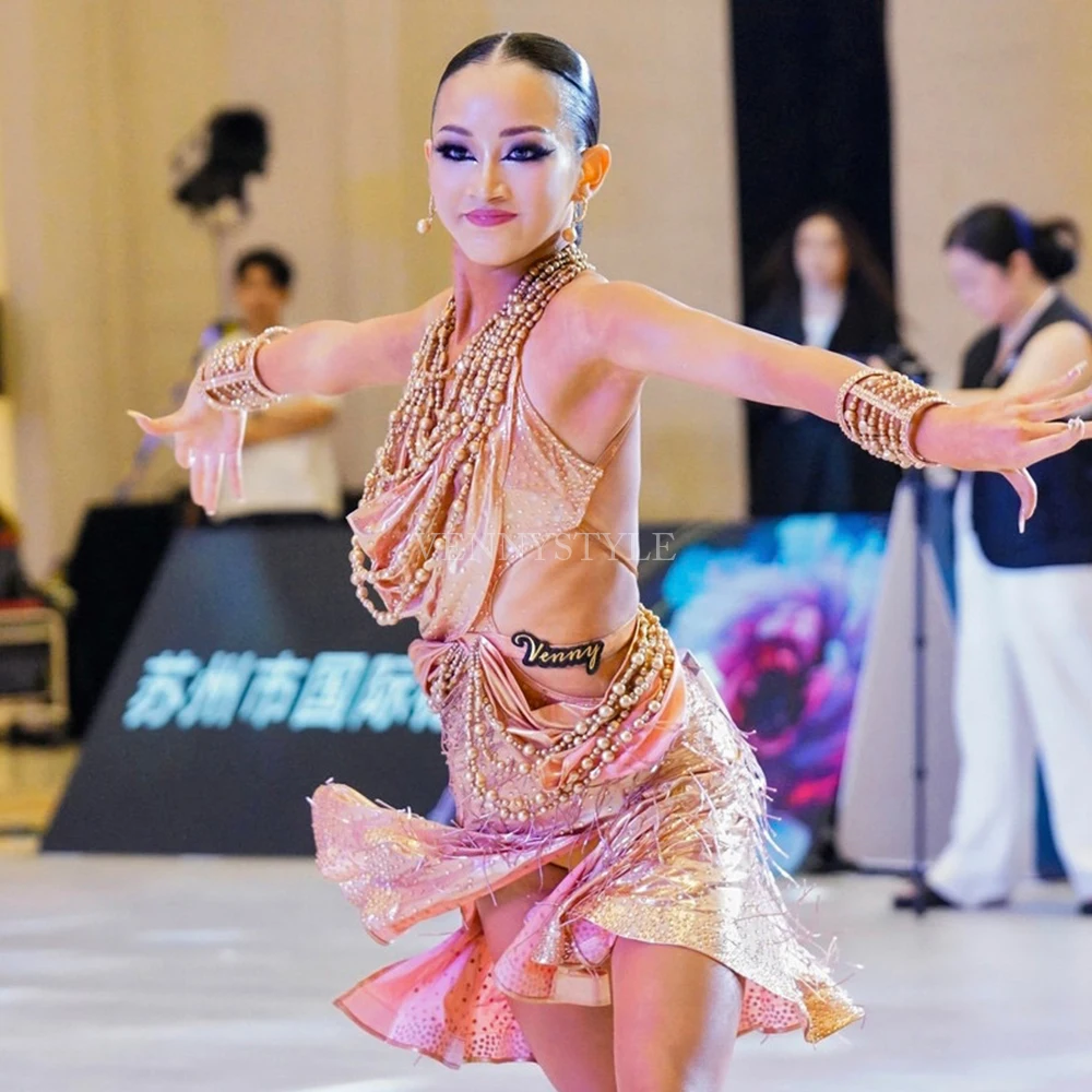 

Vennystyle платье для латинских танцев на заказ со стразами и бисером на шее с манжетами на запястьях экзаменационный костюм для девочек