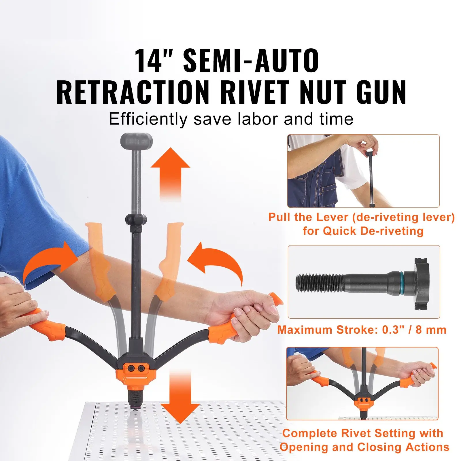 Rivet Nut Tool, 14 in Rivnut Kit with 7 PCS Metric and SAE Mandrels, 70 PCS Assorted, 10-24, 1/4-20, M6, 5/16-18, M8, 3/8-16
