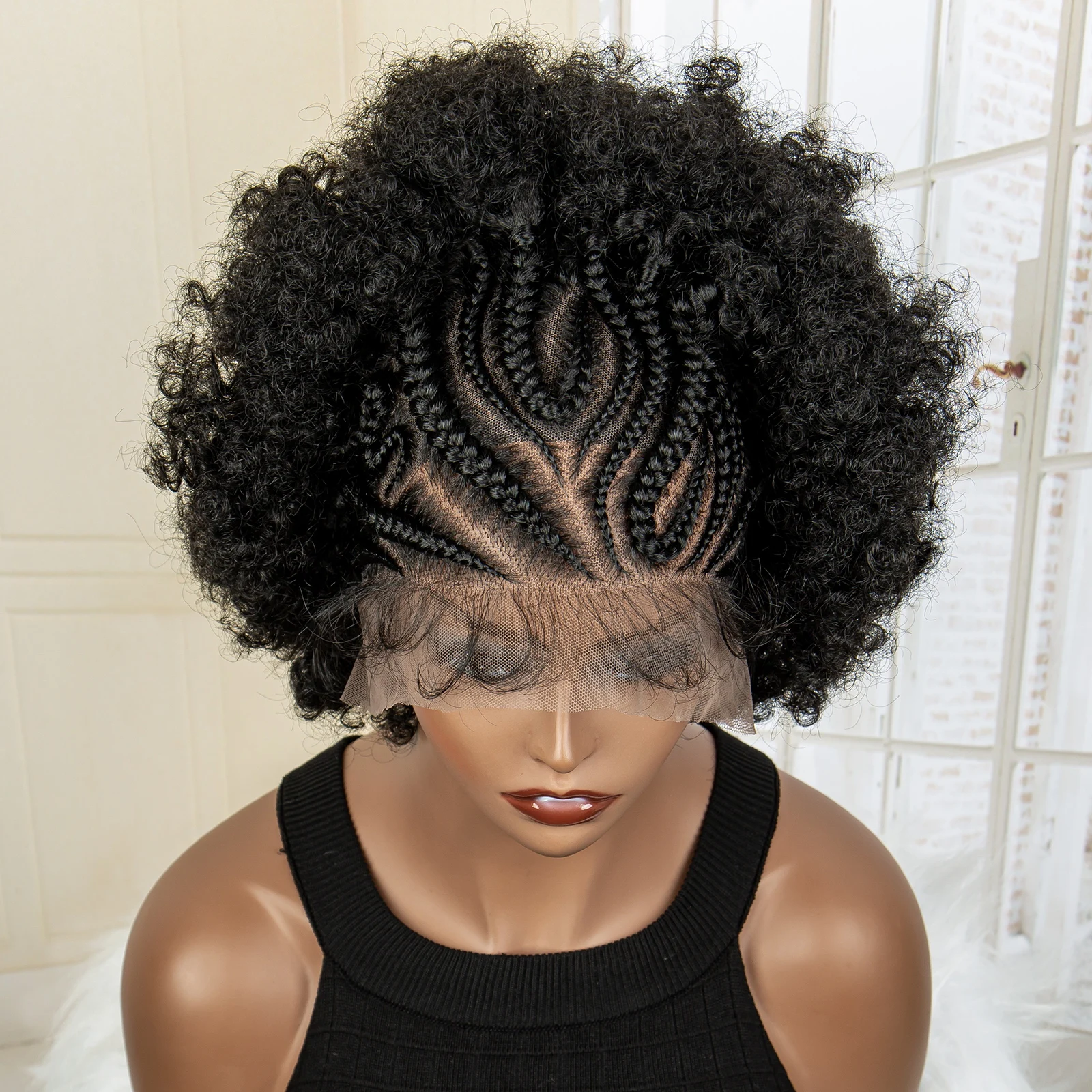 Nieuwe Synthetische 13X6 Lace Frontale Gevlochten Pruik Kinky Krullend Haar Pruiken Krullend Bob Pruik Met Broodjes Voor Afro Balck Vrouwen Met Baby Haar