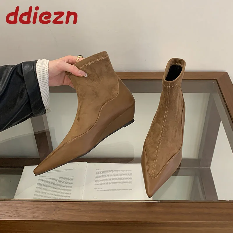 

Модные женские эластичные ботильоны с острым носком, женская обувь без шнуровки на танкетке, женские короткие ботинки, зима-осень