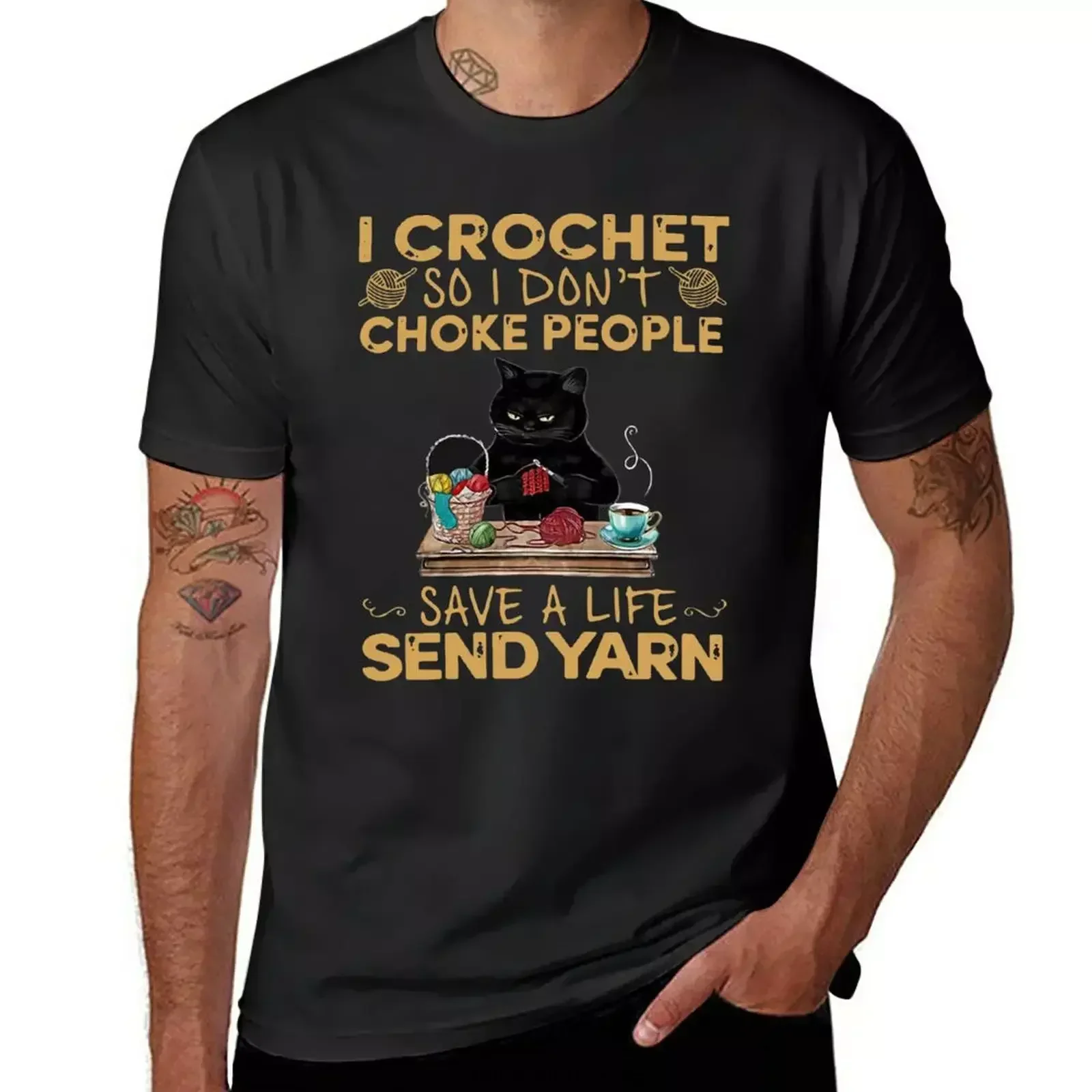 Black Cat I Crochet So I Don'T Choke People Yarn T-Shirt shirts graphic tees customs new edition T-shirts for men cotton