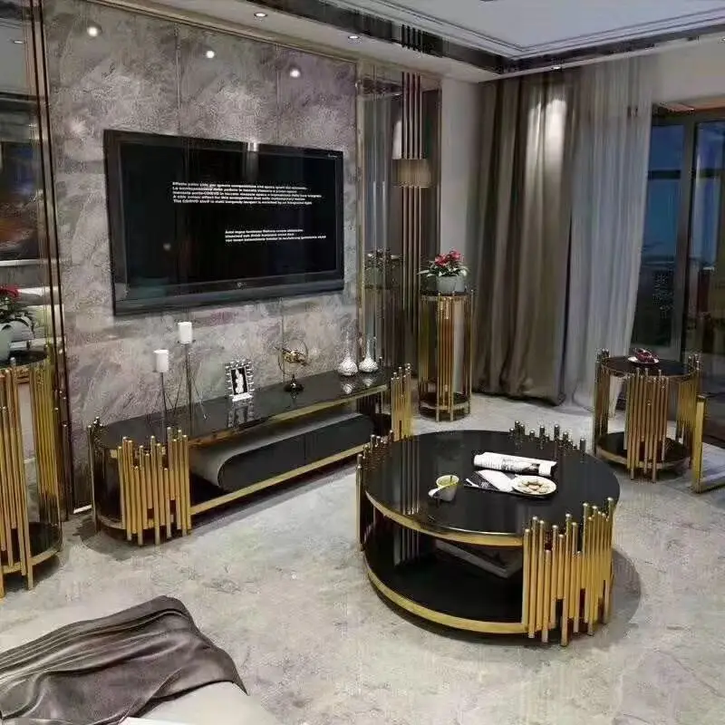 

Light luxury post-modern TV cabinet coffee table combination simple small apartment household stainless steel glass gold-plated