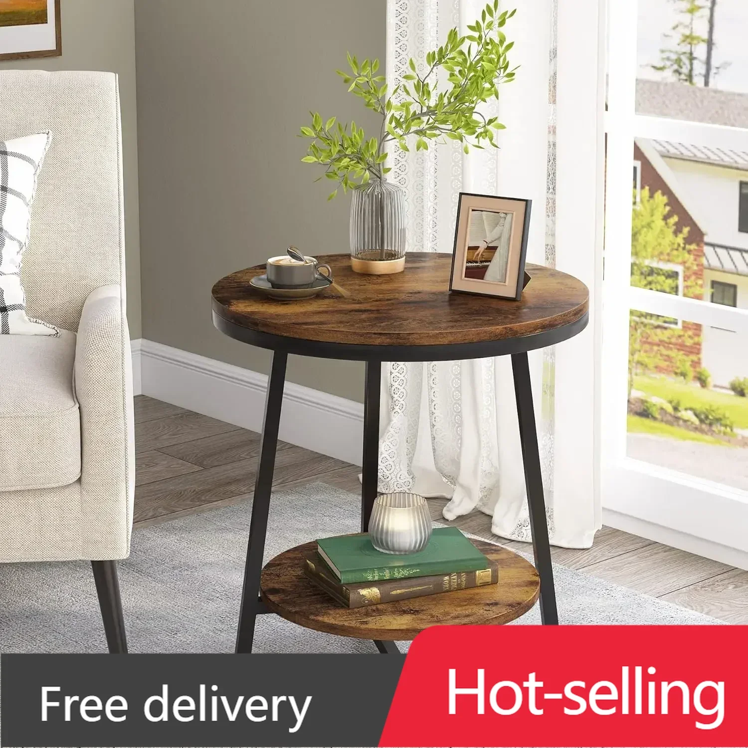 

End Table, 2 Tier Round Side Table with Storage Shelf, Industrial Nightstand Bedside Table Coffee Accent Table for Living Room