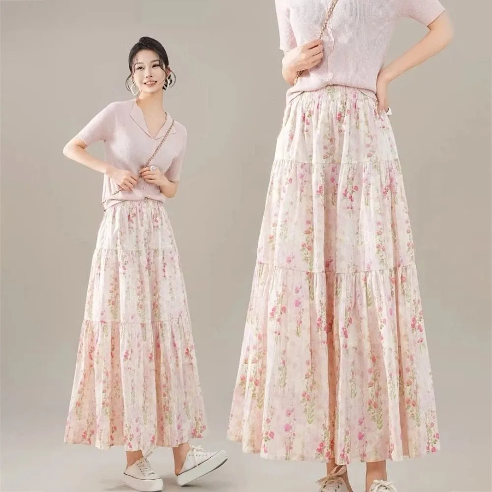 

Chic High Waist Floral Long Skirt Women Thin Flower High Waist Long Skirt Ins Style Patchwork A-line Tiered Skirt Party