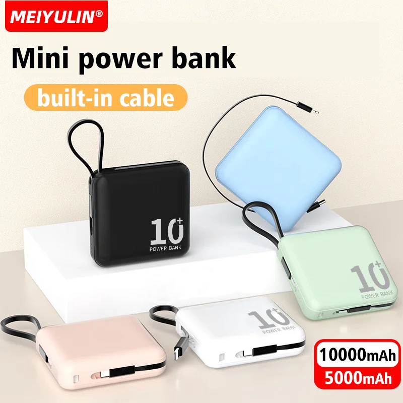 

Mini Portable Power Bank With Cable TypeC External Spare Battery Fast Charger 10000mAh Small Powerbank For iPhone Samsung Xiaomi