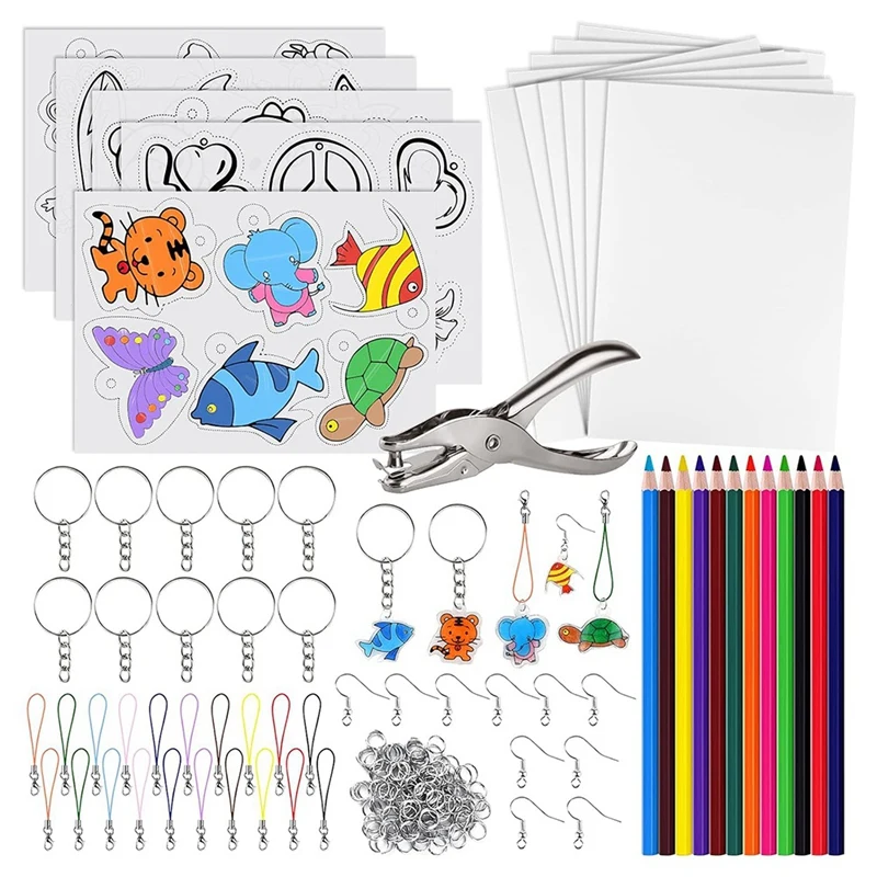 Best 168 Pcs Shrinking Plastic Sheets Kit Includes 15 Shrinking Film Art Paper, Hole Punch, 12 Colored Pencils