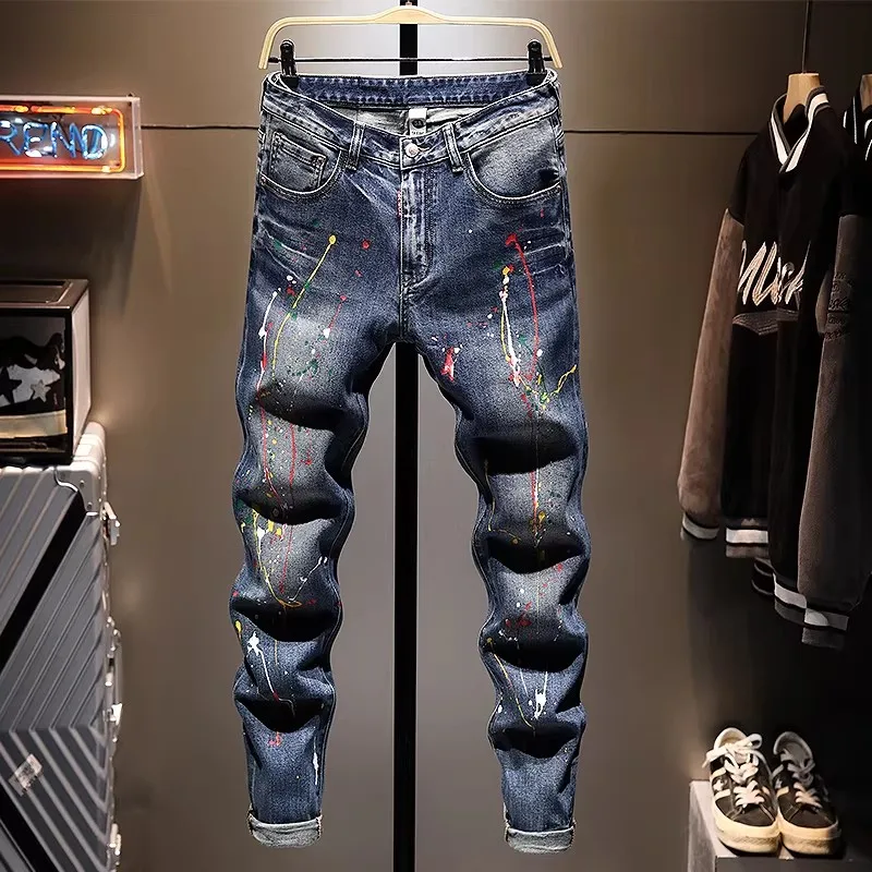 High Street Designer Fashion Men Jeans Retro Blue Stretch Slim Fit Splashed Ripped Jeans Men Hip Hop Vintage Denim Pants Hombre