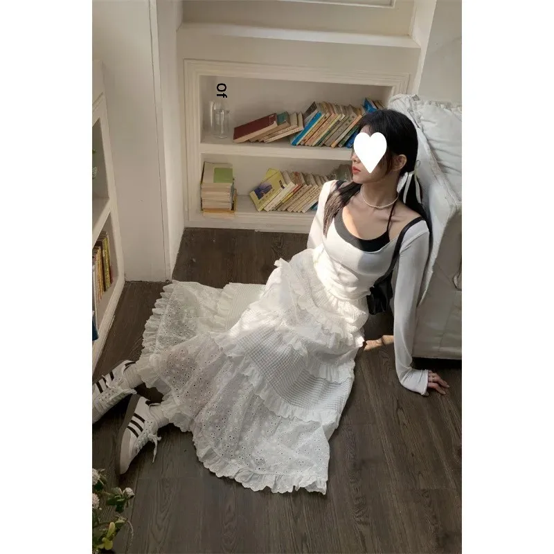 حجم كبير حجم كبير المرأة الدانتيل الأبيض الجوف خارج الربط عالية الخصر نصف تنورة كعكة تنورة الصيف خرافة نمط Fashionab...