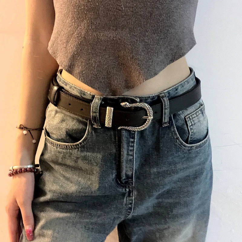 

Y2k Fashion Harajuku Snake Buckle Leather Belt for Women 90s Vintage Goth Hip Hop Belt High-end Luxury Waistband Accessories 90s