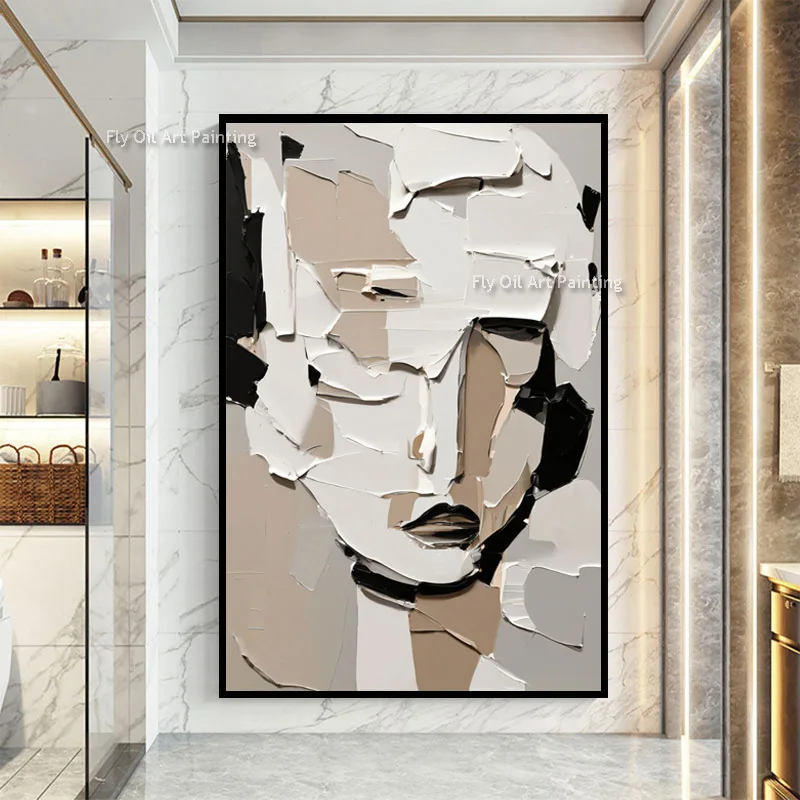 Populr Beige Grey Knife Thick Girl Face Wall Art Handpainted Abstract Women Portrait Canvas Oil Painting For Home Wall Decor