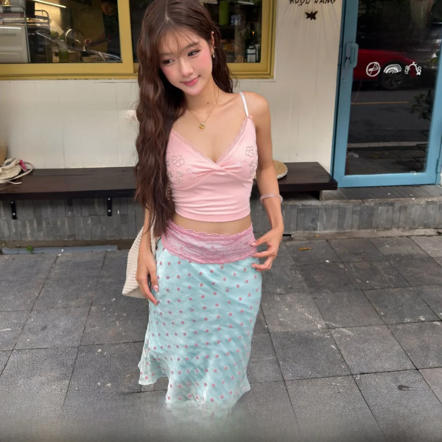 Sweet Style Lace Detachable Midi Skirt for Women Color Block Pleated Polyester Micro Elastic Daily Casual Fitted Skirt