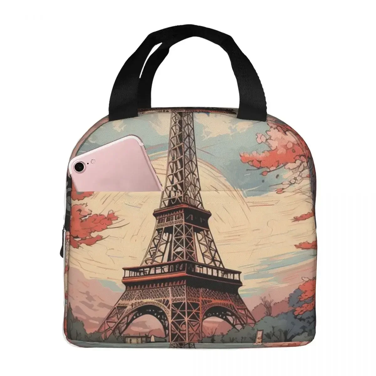 Eiffel Tower And Cherry Blossoms Insulated Lunch Bag for Women Cooler Thermal Food Box Tote Leakproof Lunch Boxes Container