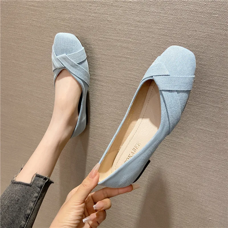 Women Flats Denim Cloth Blue Shoes for Ladies Square Head Solid Color Size 35-41 Spring Summer Autumn Shoes Flat Heel All Match