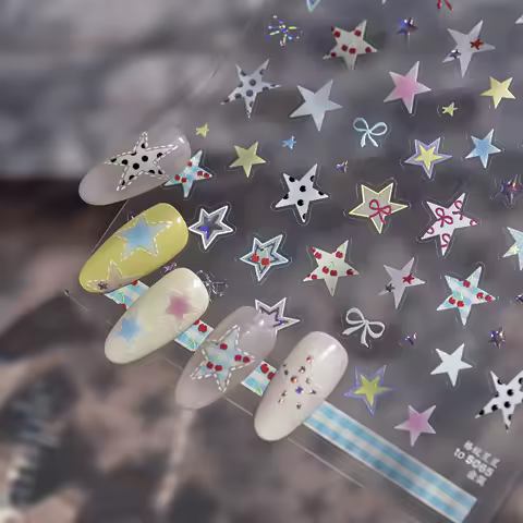 Grid Patterned Star Bowknot Cherry Polka Dot Line Colorful Geometric Five-pointed Star Adhesive Nail Art Sticker Manicure Decals