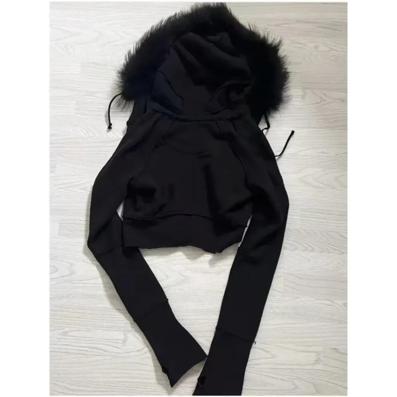 American Y2K Vintage Fox Collar Hoodies Punk Subculture Black Long-sleeved Hoodie Jacket Women's Harajuku Slimming Short Tops