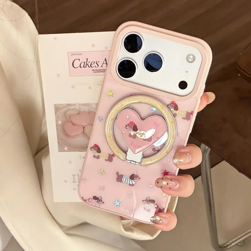 

Kawaii Cartoon Puppy Star Magnetic Phone Case For iPhone 17 Pro 16 15 14 13 Pro Max Cover with Stand Cute Hard Cases For Magsafe