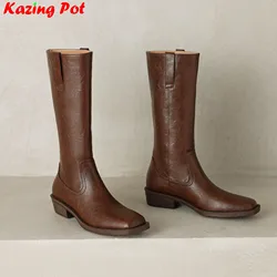 Krazing Pot Cow Leather Med Heels Square Toe Modern Boots Brand Winter Warm Shoes Casual Office Lady Retro Women Mid-calf Boots