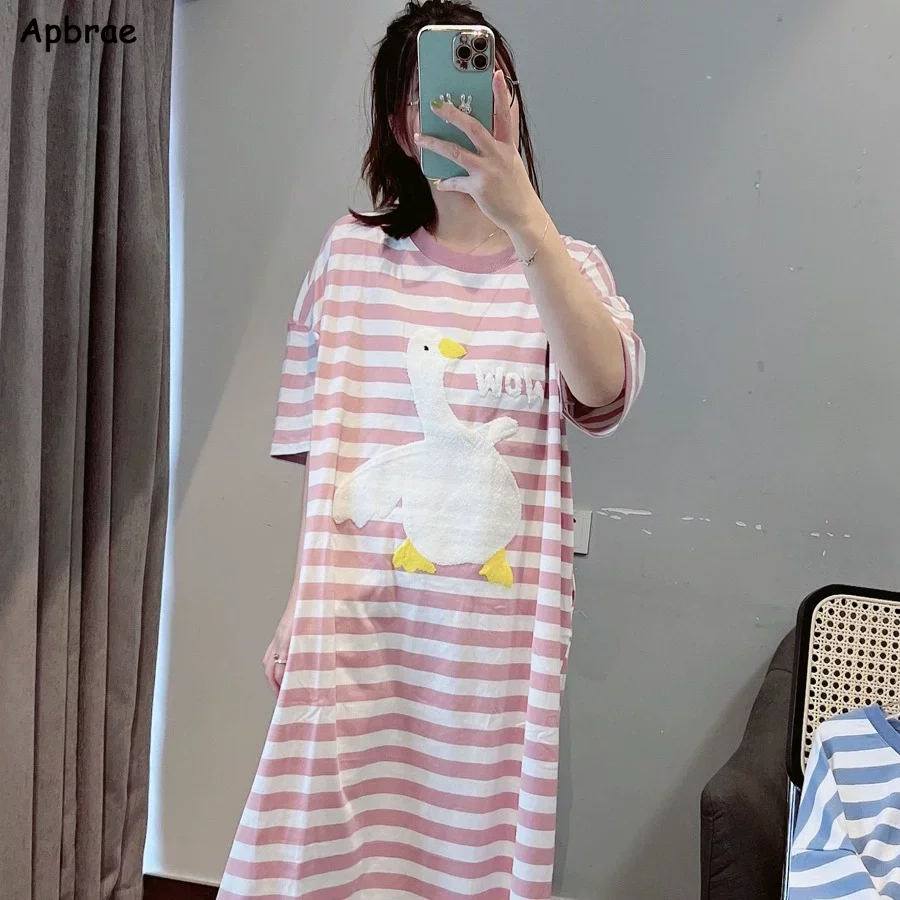 Cute Long Nightgown Summer Woman Milk Silk Kawaii Nightdress Stripe Animal Korean Pajamas Sleepwear Ins Round Collar Home Dress