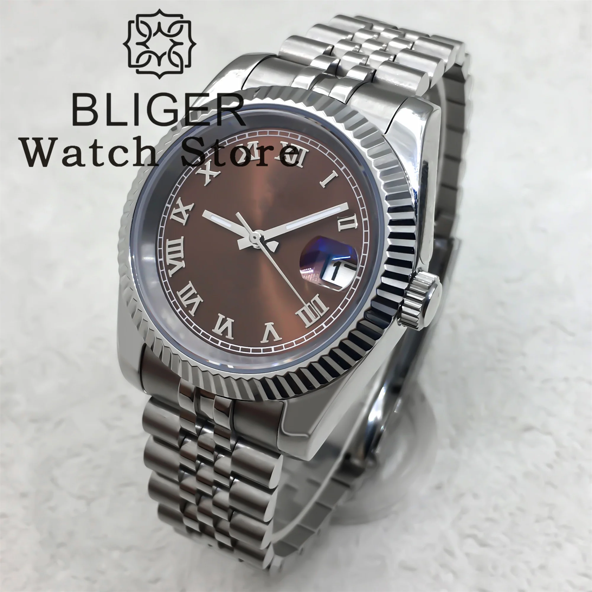 BLIGER 36mm 39mm NH35A Automatic Watch For Men Fluted Coffee Dial Silver Roman Index Luminous Sapphire Crystal Deep Waterproof