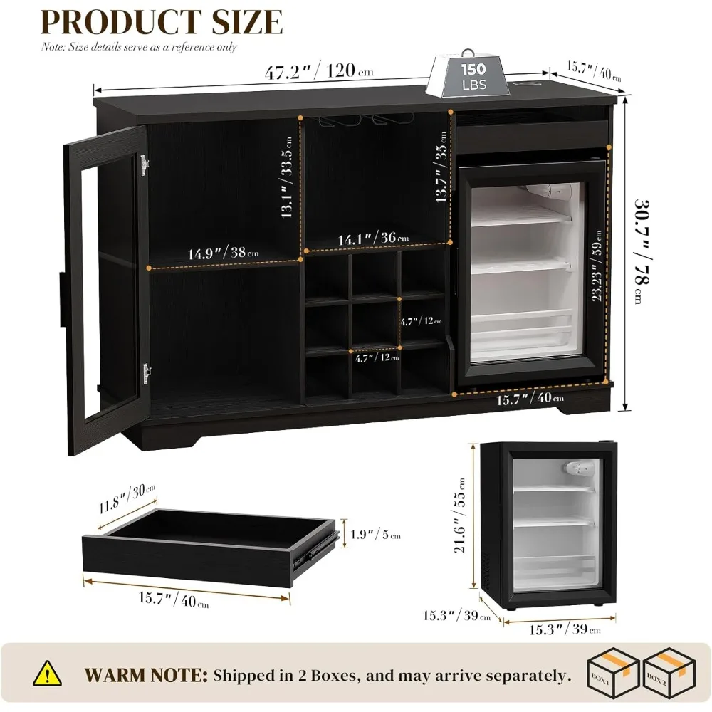 Wine Bar Cabinet with Fridge (Included), Liquor Coffee Cabinet with LED Lights & Rack, Mini Fridge Cabinet with Storage, Human