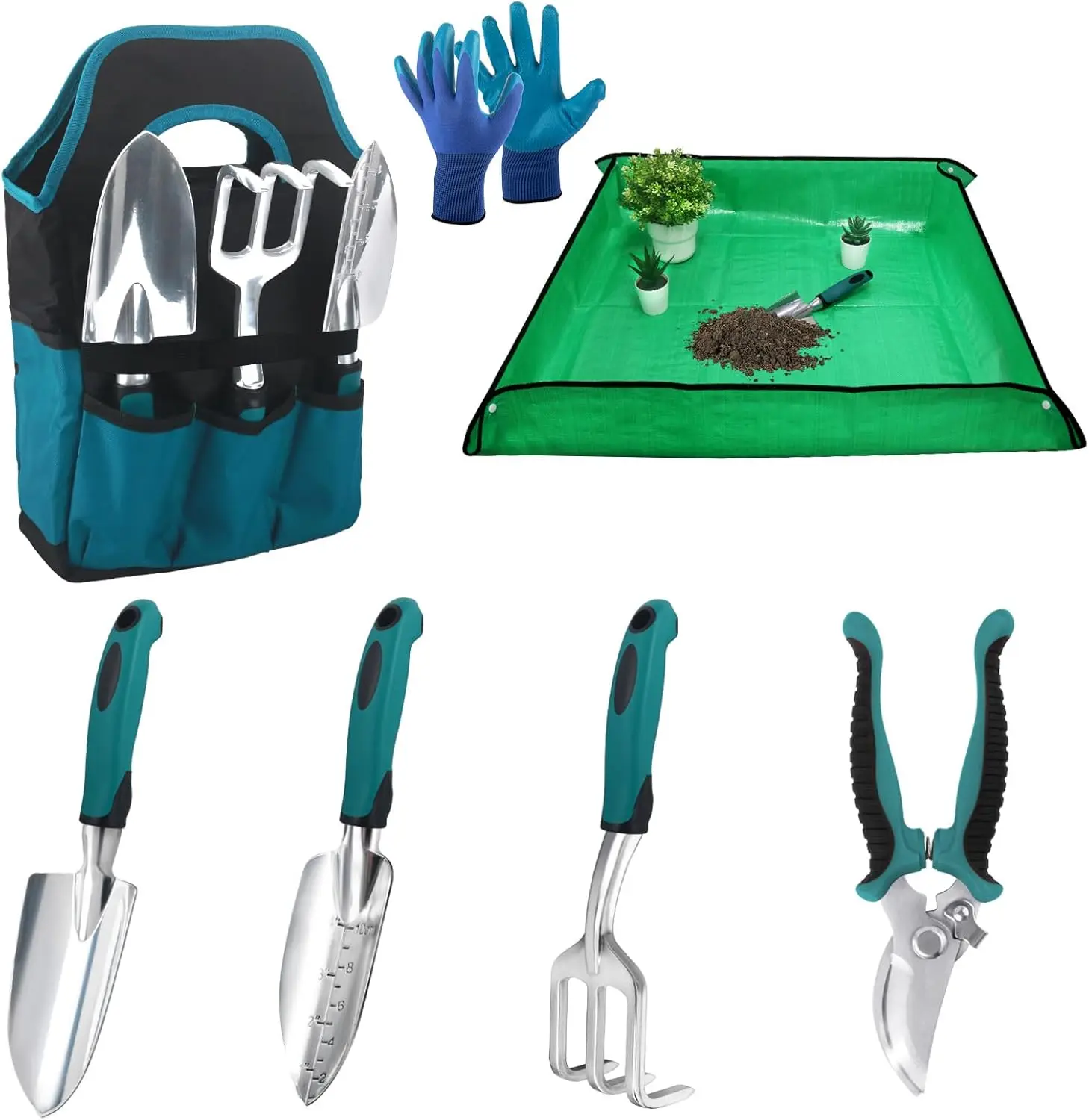

39.3in Repotting Mat Garden Tool Set, 7-Piece Ergonomic Gardening Kit with Bag for Women Men