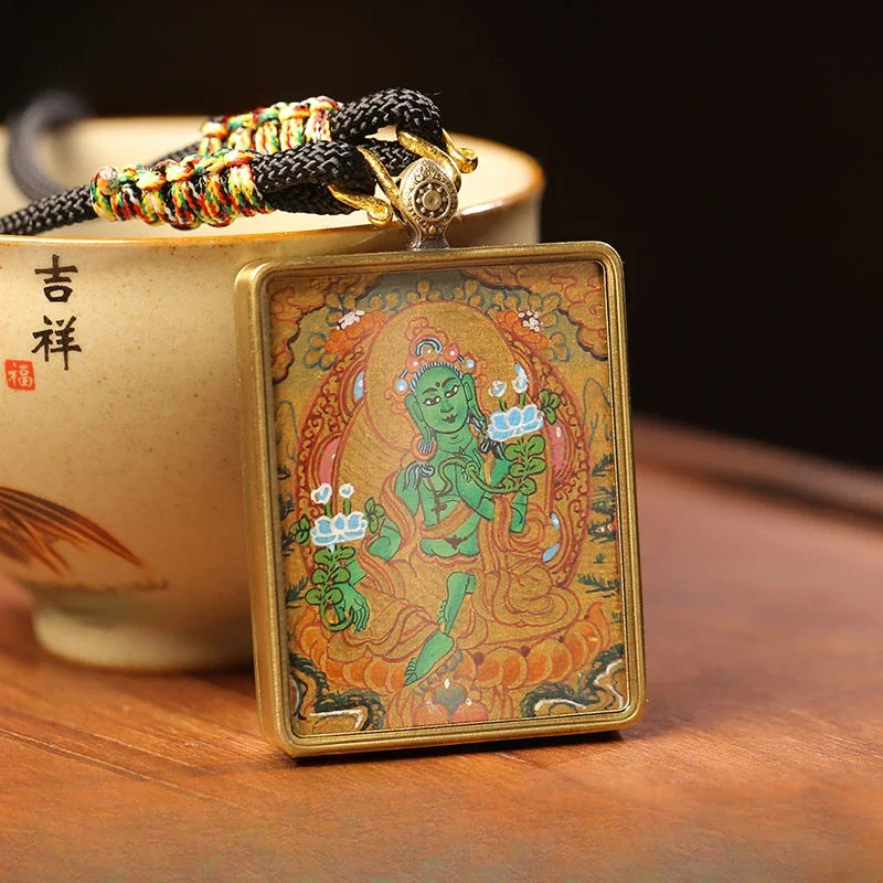 

Оригинальное тибетское медное ожерелье UMQ с ручной росписью тханка и подвеской Зеленая Тара для пары, для церемоний, от Painter Boutique