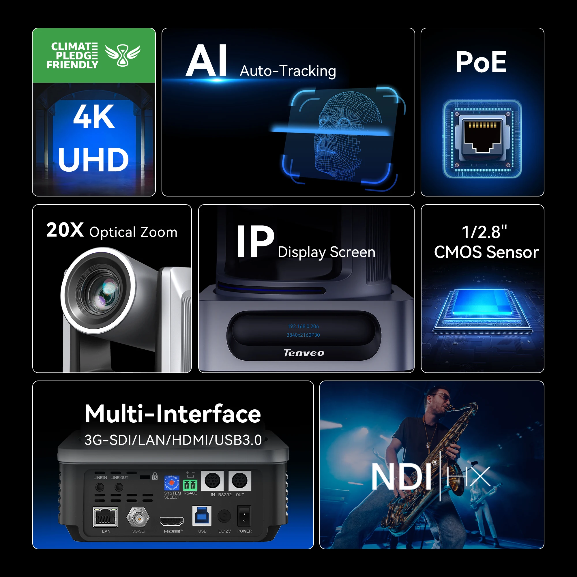Tenveo VX20M*3 NDI 4K Conference Camera AI 20X Zoom and KB300PRO 7 Inch 4-Split-LCD 4D Joystick  NDI PTZ Camera Controller