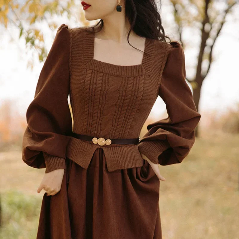 2025 Vintage Elegant Sweater Dress Women Autumn Winter New French Bubble Lantern Sleeve Long Dresses Fake Two-piece - Image 2