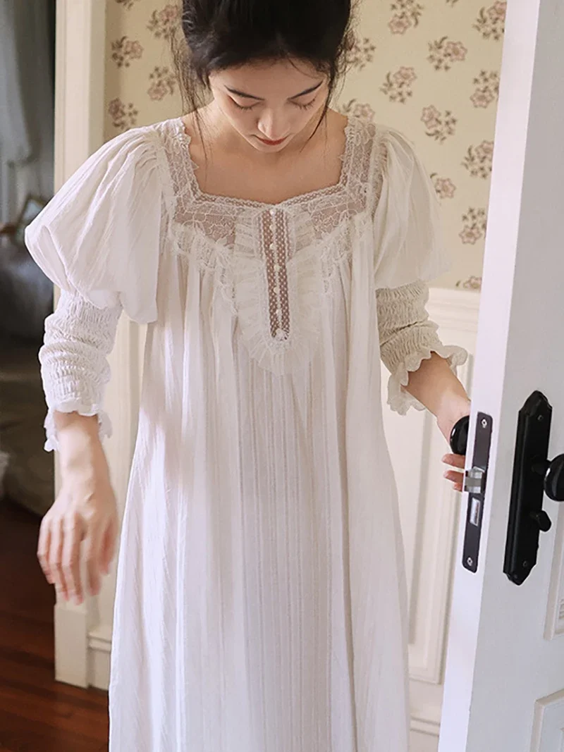 Women Pure Cotton French Fairy Pajama Nightdress Vintage Long Sleeve Mesh Spring Autumn Victorian Princess Nightgowns Sleepwear