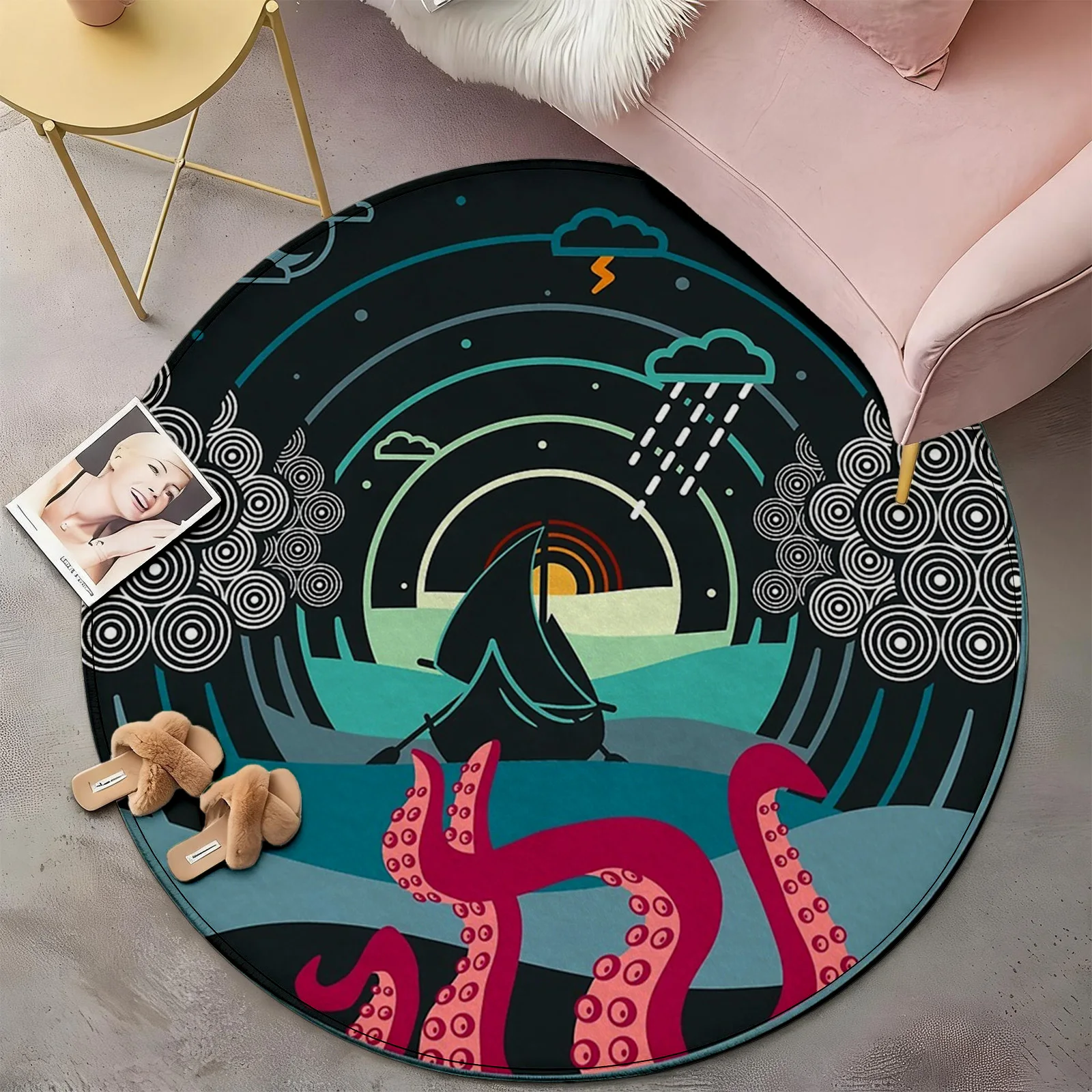 Large Round Coastal Area Rug Beach Wave Ocean Decor Mat Nautical Sea Life Throw Carpet for Living Room and Bedroom Modern Home S - view 6