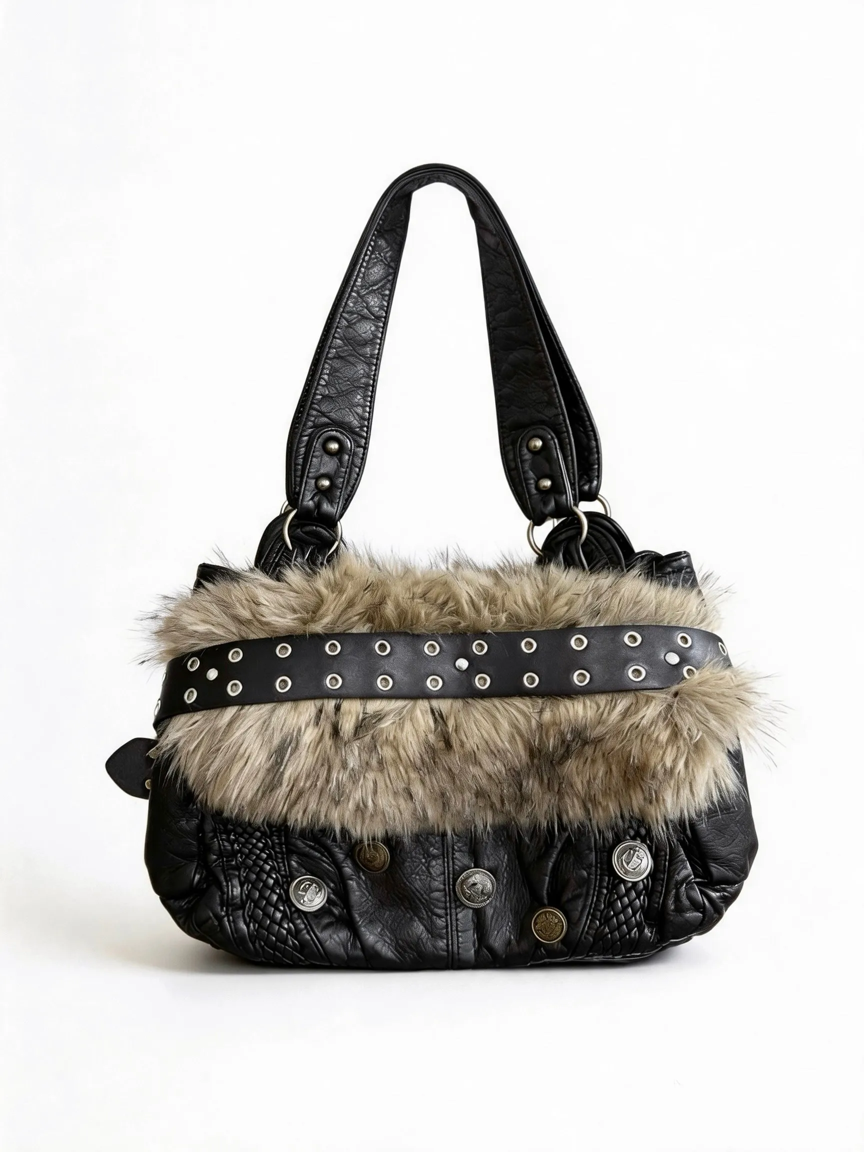 Original Design Spice Girl Brown Plush Handbags Vintage Furry Shoulder Bag Rivet Button Millennium Underarm Bag for Women