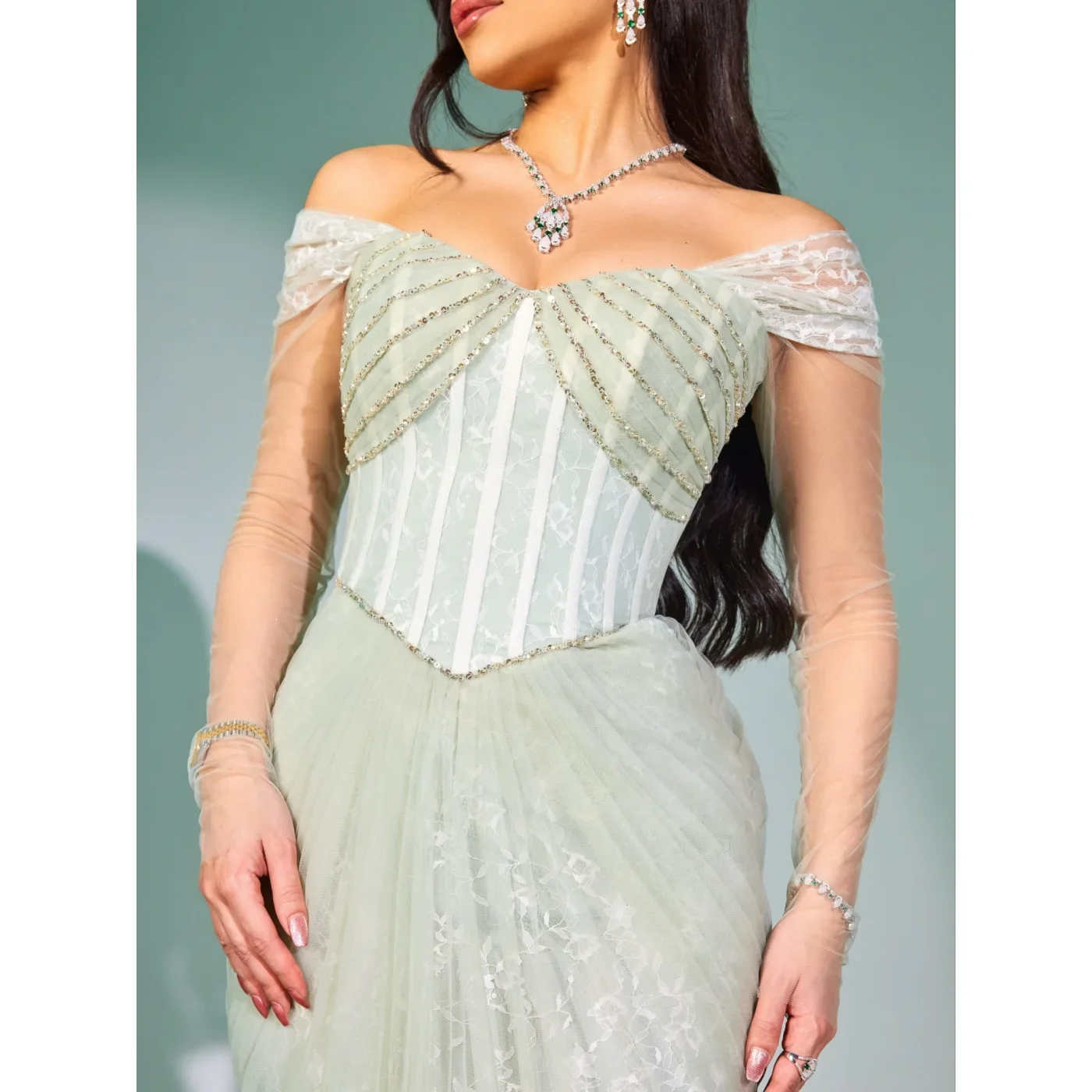 

Beading Crystals Wedding Party Gowns Customized Off Shoulder Prom Dresses Fashion Green Evening Dresses