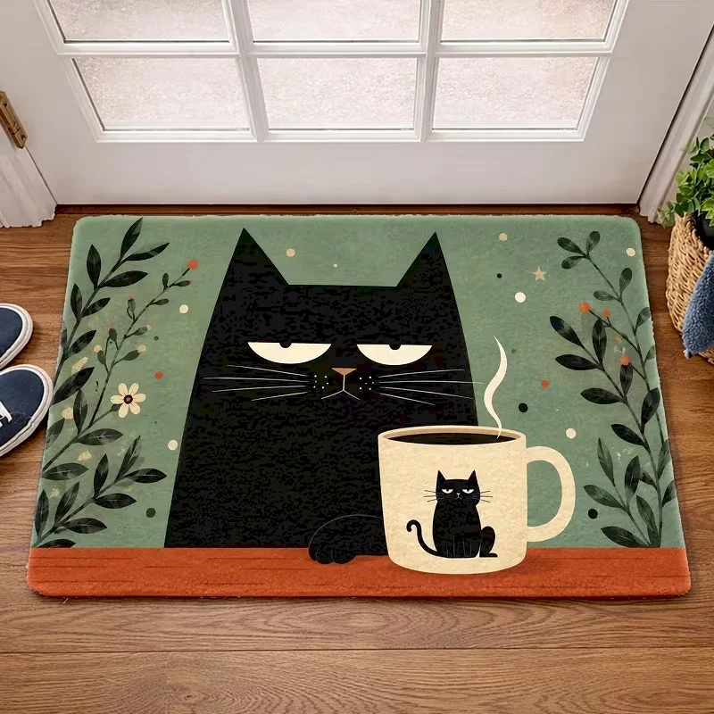 VIKAMA Cute Black Cat Print Area Rug Retro Floral Animal Floor Mat Non‑Slip for Entrance Porch Bedroom Kitchen Indoor Home Decor