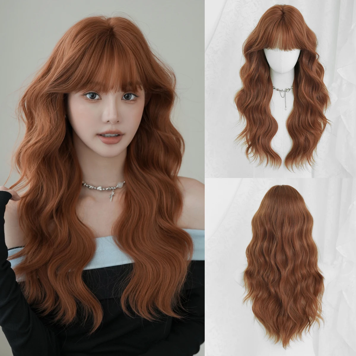 

NAMM New Fashion Long Wavy Orange Wig Natural Looking High Quality Fiber Synthetic Wig for Women Daily Street Photography Use