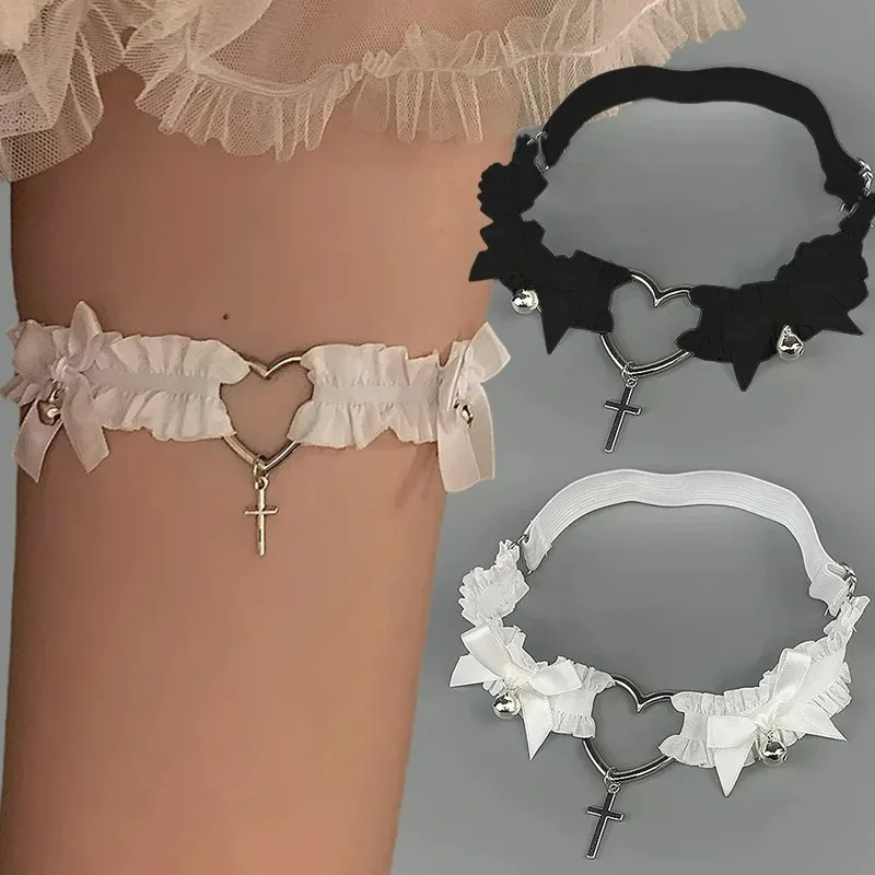 Liguero de encaje gótico con lazo en forma de corazón, ligas cruzadas de pierna de Lolita, Gargantilla elástica blanca y negra, arnés de lencería Bondage para Cosplay