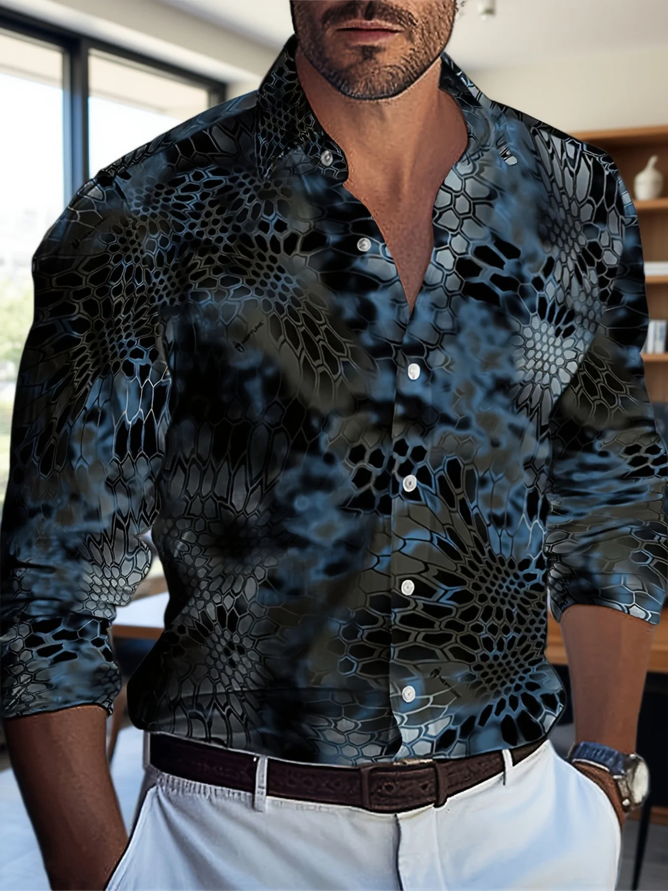 Men Long Sleeve Button Down Shirt Brown Black Python Snake Skin Print Polyester Lapel Collar Casual