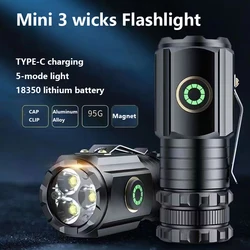 3 Led Mini Zaklamp Met Magneet Aluminium 2000lm Edc Zaklampen Usb Opladen Tactische Zaklamp Zelfverdediging Lantaarn Voor Kamperen